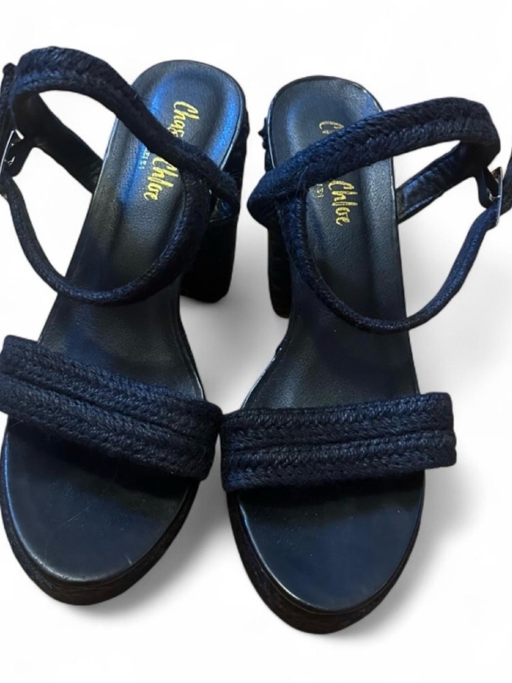 Chase + Chloe Dark Navy Braided Strap Block Heel Sandals